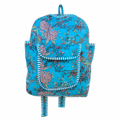 Handmade Patchwork Cotton Backpack – Floral Print Aqua Boho Shoulder Bag for Women - kraafty-com