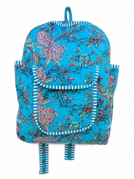 Handmade Patchwork Cotton Backpack – Floral Print Aqua Boho Shoulder Bag for Women - kraafty-com