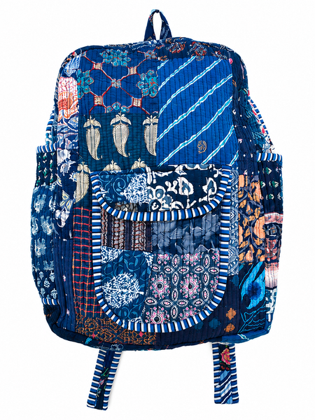 Cotton Quilted Patchwork Backpack – Screen Nevy Blue Printed Indian Tote Bag - kraafty-com