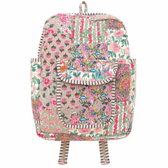 Sustainable Cotton Patchwork Tote Backpack – Handmade Beige Printed Jhola Bag - kraafty-com