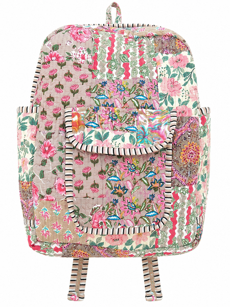 Sustainable Cotton Patchwork Tote Backpack – Handmade Beige Printed Jhola Bag - kraafty-com