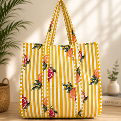 Reversible Quilted Cotton Yellow FloralTote Bag with Interior Pocket - kraafty-com