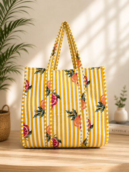 Reversible Quilted Cotton Yellow FloralTote Bag with Interior Pocket - kraafty-com
