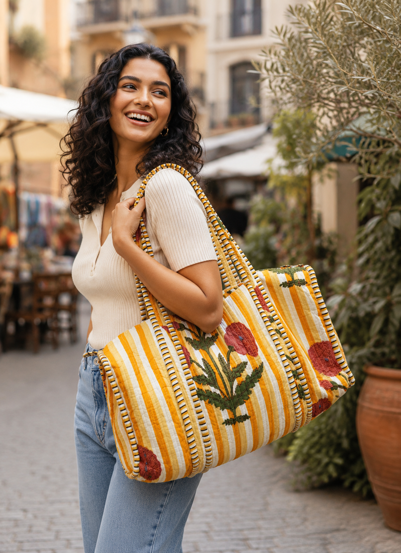 Printed Quilted Cotton Yellow Tote Bag for Women | Reversible Beach Tote | 18x18 Ethnic Canvas Bag - kraafty-com
