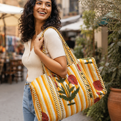 Printed Quilted Cotton Yellow Tote Bag for Women | Reversible Beach Tote | 18x18 Ethnic Canvas Bag - kraafty-com