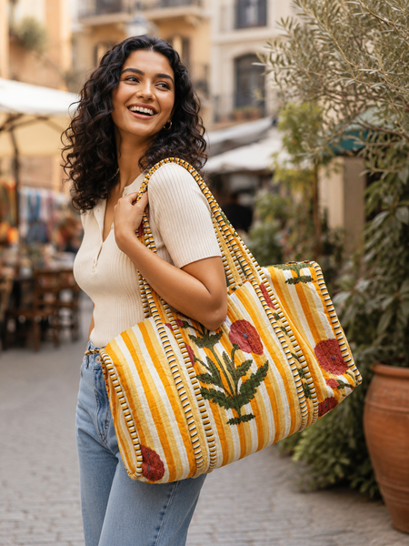 Printed Quilted Cotton Yellow Tote Bag for Women | Reversible Beach Tote | 18x18 Ethnic Canvas Bag - kraafty-com