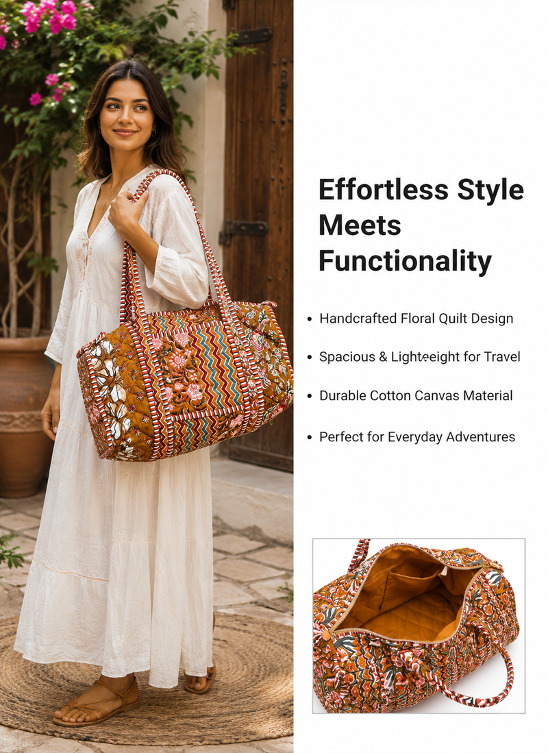 Printed Beach Cotton Duffle Tote Bag for Women | Reversible Beach Tote | 18x18 Ethnic Quilted Bag - kraafty-com