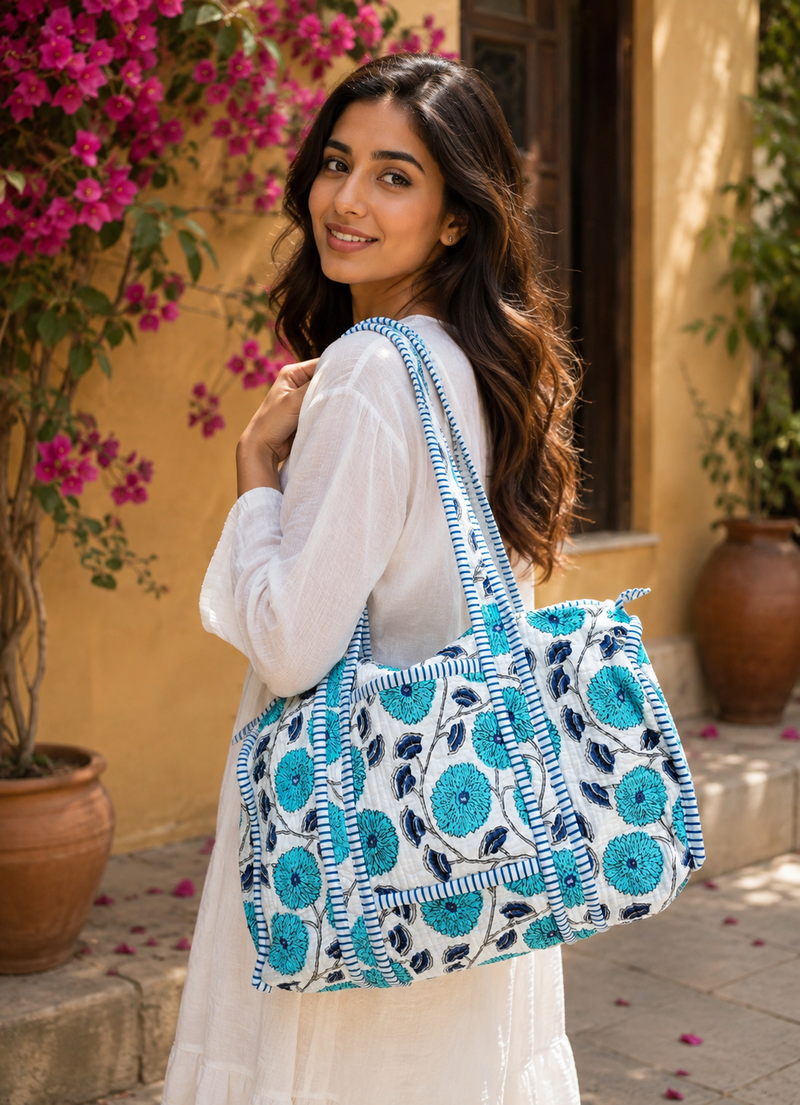 Hand-Printed Quilted Cotton Blue Tote Bag for Women | Reversible Beach Tote | 18x18 Ethnic Canvas Bag - kraafty-com