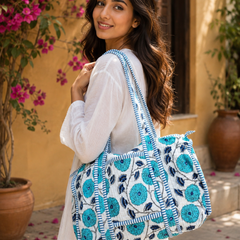 Hand-Printed Quilted Cotton Blue Tote Bag for Women | Reversible Beach Tote | 18x18 Ethnic Canvas Bag - kraafty-com