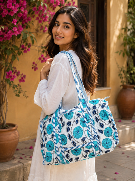 Hand-Printed Quilted Cotton Blue Tote Bag for Women | Reversible Beach Tote | 18x18 Ethnic Canvas Bag - kraafty-com