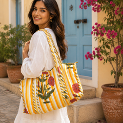 Printed Quilted Cotton Yellow Tote Bag for Women | Reversible Beach Tote | 18x18 Ethnic Canvas Bag - kraafty-com
