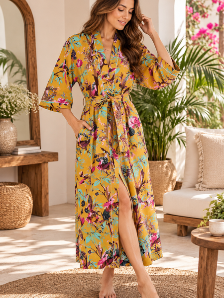 Yellow Floral Cotton Kimono Robe, Hand Block Printed - kraafty-com