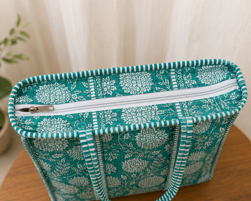 Handmade Cotton Tote Bag with Zip Closure, Large Shoulder Bag - kraafty-com