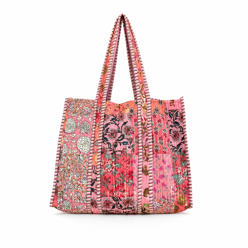 Reversible Quilted Cotton Peach Patchwork Tote Bag with Interior Pocket - kraafty-com