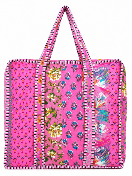 Handmade Reversible Cotton Zipper Tote Bag | Pink Quilted Design - kraafty-com