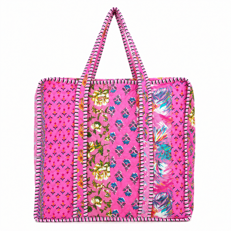Handmade Reversible Cotton Zipper Tote Bag | Pink Quilted Design - kraafty-com