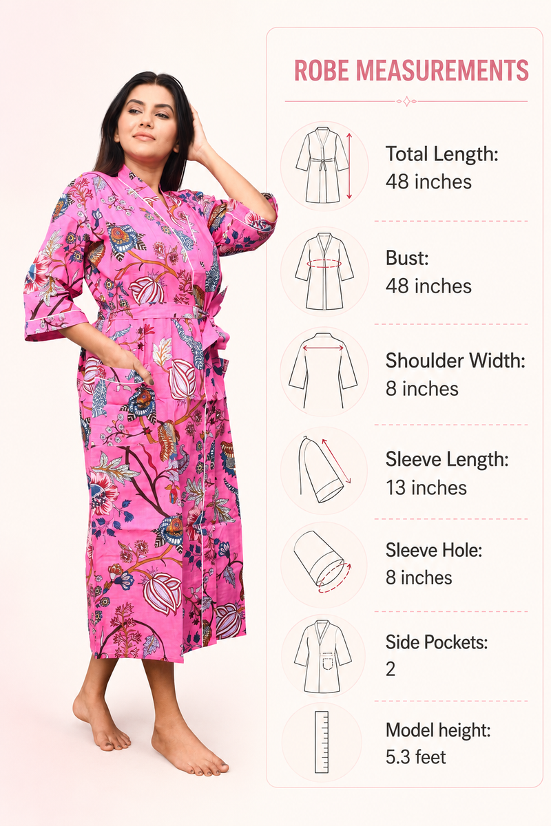 Organic Cotton Kimono Robe for Women – Floral Print Design with Pockets, Lightweight Bathrobe