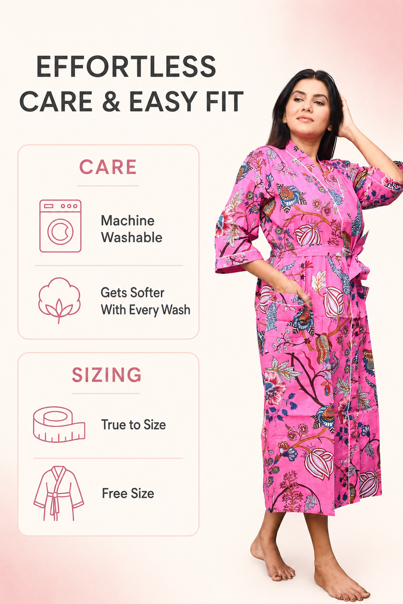 Organic Cotton Kimono Robe for Women – Floral Print Design with Pockets, Lightweight Bathrobe