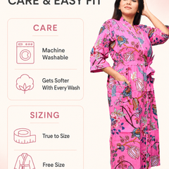 Organic Cotton Kimono Robe for Women – Floral Print Design with Pockets, Lightweight Bathrobe