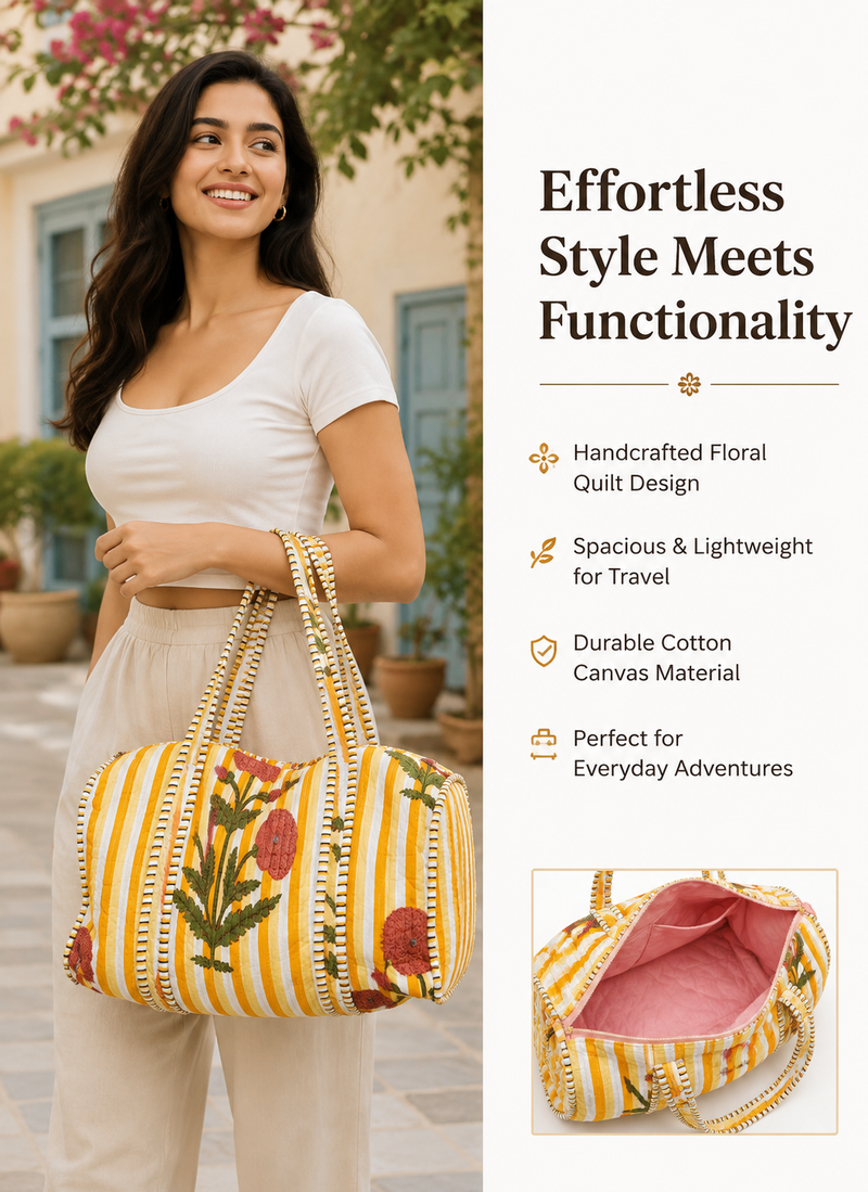 Printed Quilted Cotton Yellow Tote Bag for Women | Reversible Beach Tote | 18x18 Ethnic Canvas Bag - kraafty-com
