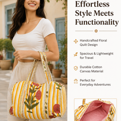 Printed Quilted Cotton Yellow Tote Bag for Women | Reversible Beach Tote | 18x18 Ethnic Canvas Bag - kraafty-com