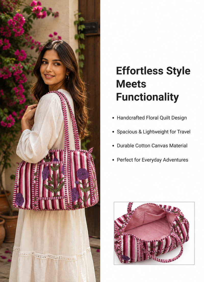 Floral-Printed Quilted Cotton Tote Bag for Women | Reversible Beach Tote | 18x18 Ethnic Pink Bag - kraafty-com