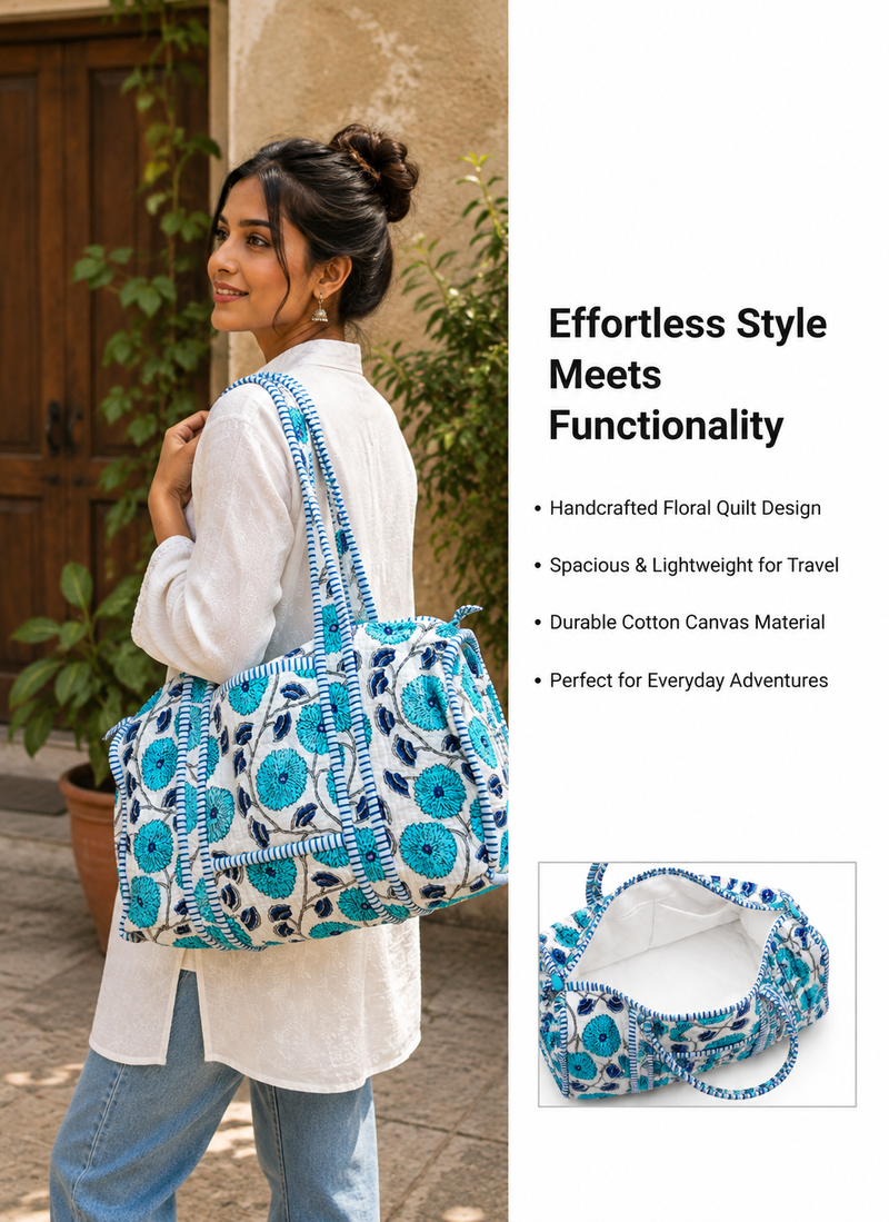 Hand-Printed Quilted Cotton Blue Tote Bag for Women | Reversible Beach Tote | 18x18 Ethnic Canvas Bag - kraafty-com