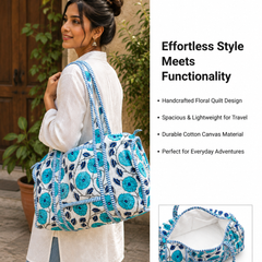 Hand-Printed Quilted Cotton Blue Tote Bag for Women | Reversible Beach Tote | 18x18 Ethnic Canvas Bag - kraafty-com