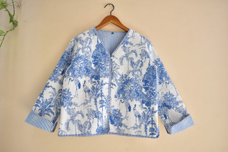 Cotton Handcrafted Kantha Jacket Print Patchwork Women's Quilted Reversible Coat, Kimono Indian Hand Block Printed Vintage