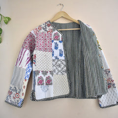 Cotton Handcrafted Kantha Jacket Print Patchwork Women's Quilted Reversible Coat, Kimono Indian Hand Block Printed Vintage