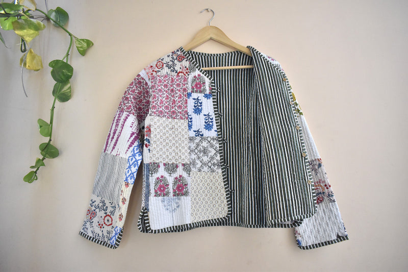 Cotton Handcrafted Kantha Jacket Print Patchwork Women's Quilted Reversible Coat, Kimono Indian Hand Block Printed Vintage