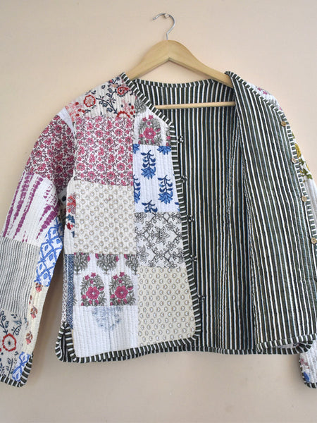 Cotton Handcrafted Kantha Jacket Print Patchwork Women's Quilted Reversible Coat, Kimono Indian Hand Block Printed Vintage Style Boho Vest Autumn Gift for her - 6