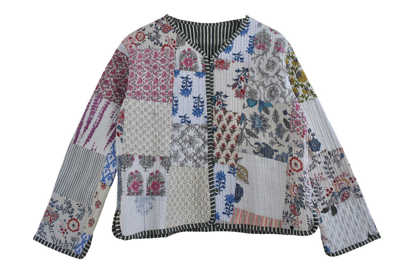 Cotton Handcrafted Kantha Jacket Print Patchwork Women's Quilted Reversible Coat, Kimono Indian Hand Block Printed Vintage