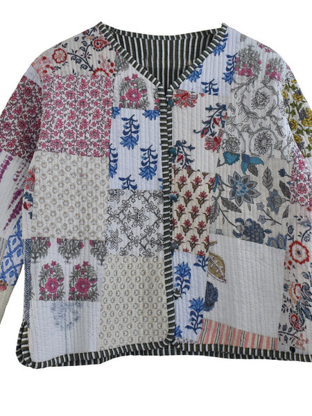 Cotton Handcrafted Kantha Jacket Print Patchwork Women's Quilted Reversible Coat, Kimono Indian Hand Block Printed Vintage Style Boho Vest Autumn Gift for her - 6
