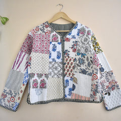 Cotton Handcrafted Kantha Jacket Print Patchwork Women's Quilted Reversible Coat, Kimono Indian Hand Block Printed Vintage