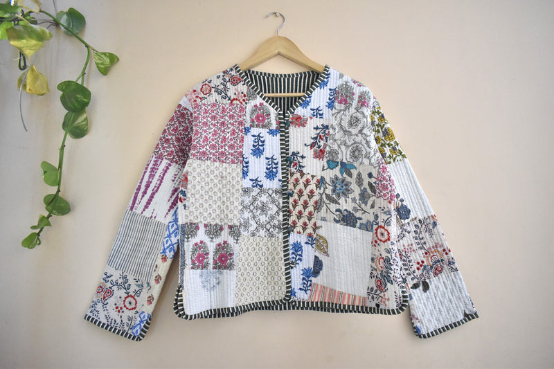 Cotton Handcrafted Kantha Jacket Print Patchwork Women's Quilted Reversible Coat, Kimono Indian Hand Block Printed Vintage