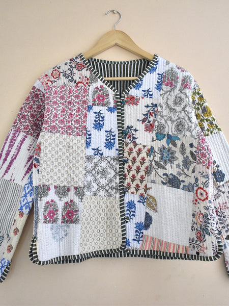 Cotton Handcrafted Kantha Jacket Print Patchwork Women's Quilted Reversible Coat, Kimono Indian Hand Block Printed Vintage Style Boho Vest Autumn Gift for her - 6