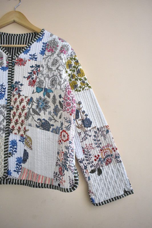 Cotton Handcrafted Kantha Jacket Print Patchwork Women's Quilted Reversible Coat, Kimono Indian Hand Block Printed Vintage