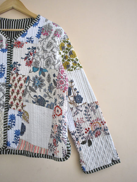 Cotton Handcrafted Kantha Jacket Print Patchwork Women's Quilted Reversible Coat, Kimono Indian Hand Block Printed Vintage Style Boho Vest Autumn Gift for her - 6