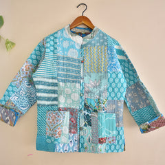Cotton Handcrafted Kantha Jacket Print Patchwork Women's Quilted Reversible Coat, Kimono Indian Hand Block Printed Vintage