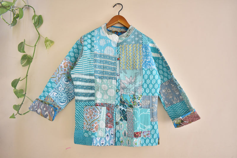 Cotton Handcrafted Kantha Jacket Print Patchwork Women's Quilted Reversible Coat, Kimono Indian Hand Block Printed Vintage