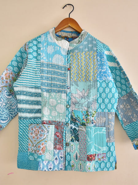 Cotton Handcrafted Kantha Jacket Print Patchwork Women's Quilted Reversible Coat, Kimono Indian Hand Block Printed Vintage Style Boho Vest Autumn Gift for her - 1
