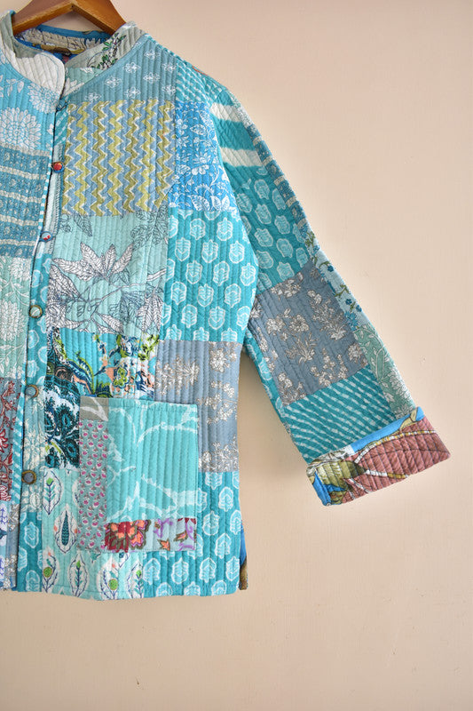Cotton Handcrafted Kantha Jacket Print Patchwork Women's Quilted Reversible Coat, Kimono Indian Hand Block Printed Vintage