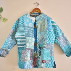 Cotton Handcrafted Kantha Jacket Print Patchwork Women's Quilted Reversible Coat, Kimono Indian Hand Block Printed Vintage