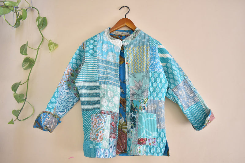 Cotton Handcrafted Kantha Jacket Print Patchwork Women's Quilted Reversible Coat, Kimono Indian Hand Block Printed Vintage
