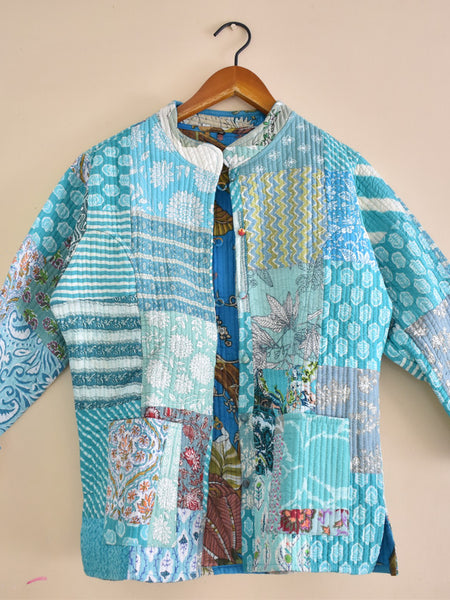Cotton Handcrafted Kantha Jacket Print Patchwork Women's Quilted Reversible Coat, Kimono Indian Hand Block Printed Vintage Style Boho Vest Autumn Gift for her - 1