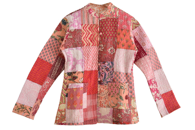 Cotton Handcrafted Kantha Jacket Print Patchwork Women's Quilted Reversible Coat, Kimono Indian Hand Block Printed Vintage