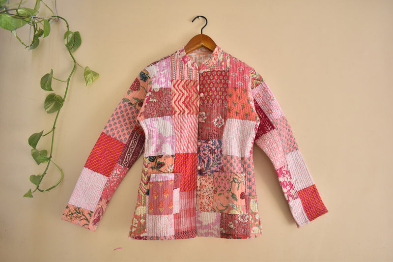 Cotton Handcrafted Kantha Jacket Print Patchwork Women's Quilted Reversible Coat, Kimono Indian Hand Block Printed Vintage