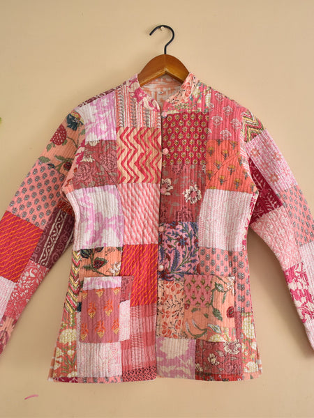 Cotton Handcrafted Kantha Jacket Print Patchwork Women's Quilted Reversible Coat, Kimono Indian Hand Block Printed Vintage Style Boho Vest Autumn Gift for her - 2