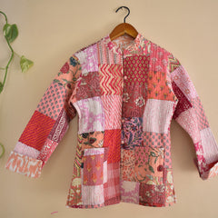 Cotton Handcrafted Kantha Jacket Print Patchwork Women's Quilted Reversible Coat, Kimono Indian Hand Block Printed Vintage